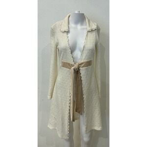 Young Essence Ivory Crochet Beaded Trim Tie Front Cardigan Size S Cottage Dainty